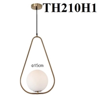 Đèn thả 210H1, thân vàng, E27 x 1, kiểu H khung tam giác, bóng cầu thủy tinh đục , KT(mm) khung : D250 x H1500 , KT(mm) chao : 200